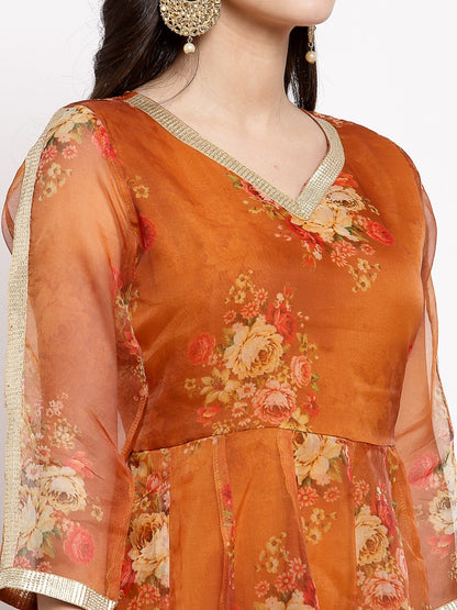 Women Brown Organza Printed Dress by Myshka (