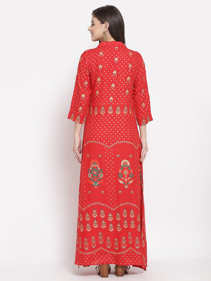 Women's Red Cotton Printed 3/4 Sleeve Collar Neck Casual Anarkali Kurta