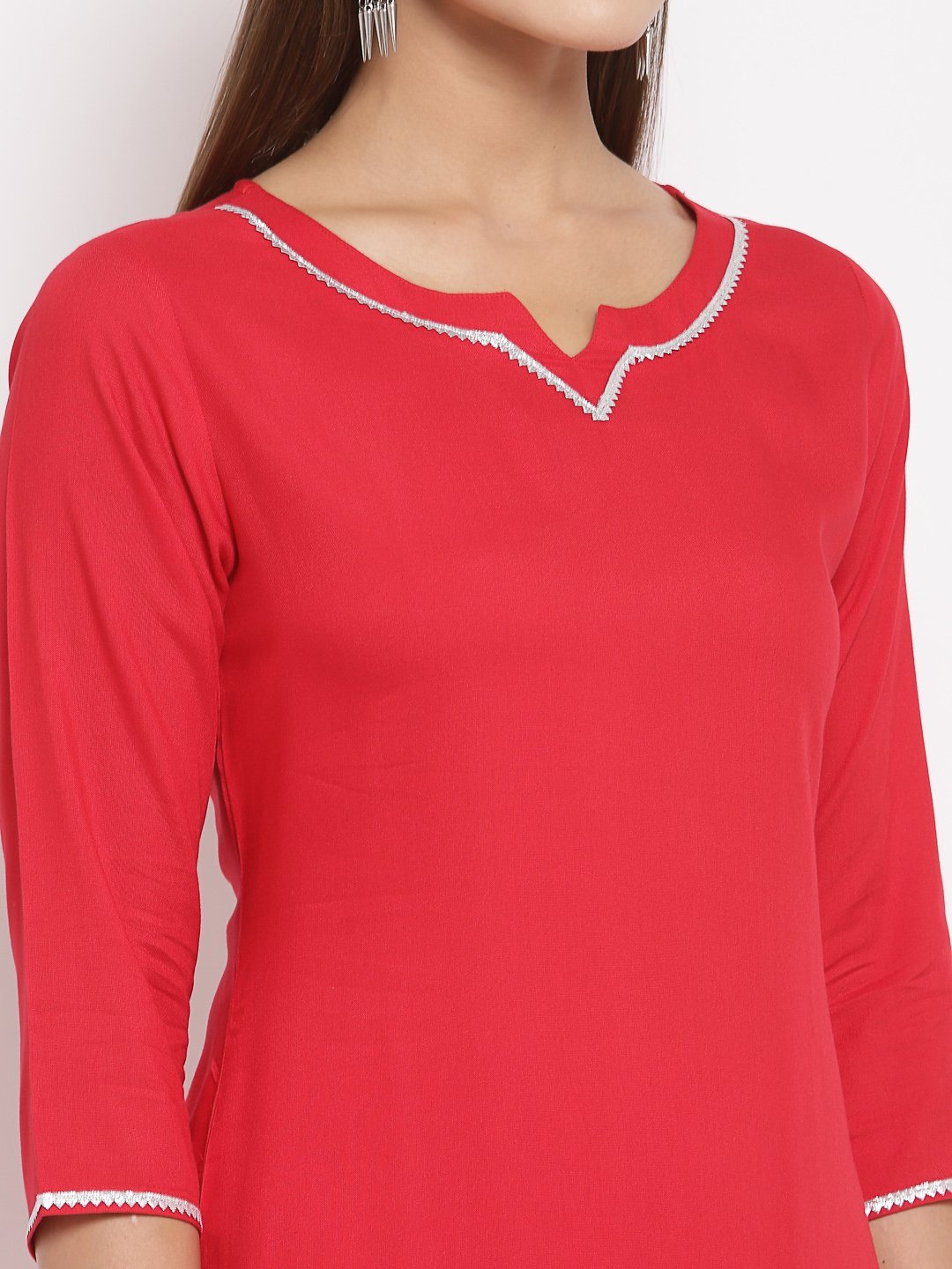 Women's Red Cotton Solid 3/4 Sleeve Square Neck Casual Kurta Pant Dupatta Set