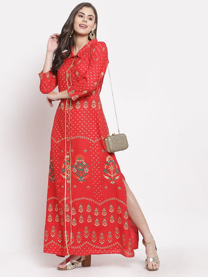 Women's Red Cotton Printed 3/4 Sleeve Collar Neck Casual Anarkali Kurta