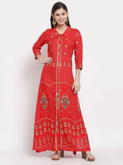 Women's Red Cotton Printed 3/4 Sleeve Collar Neck Casual Anarkali Kurta
