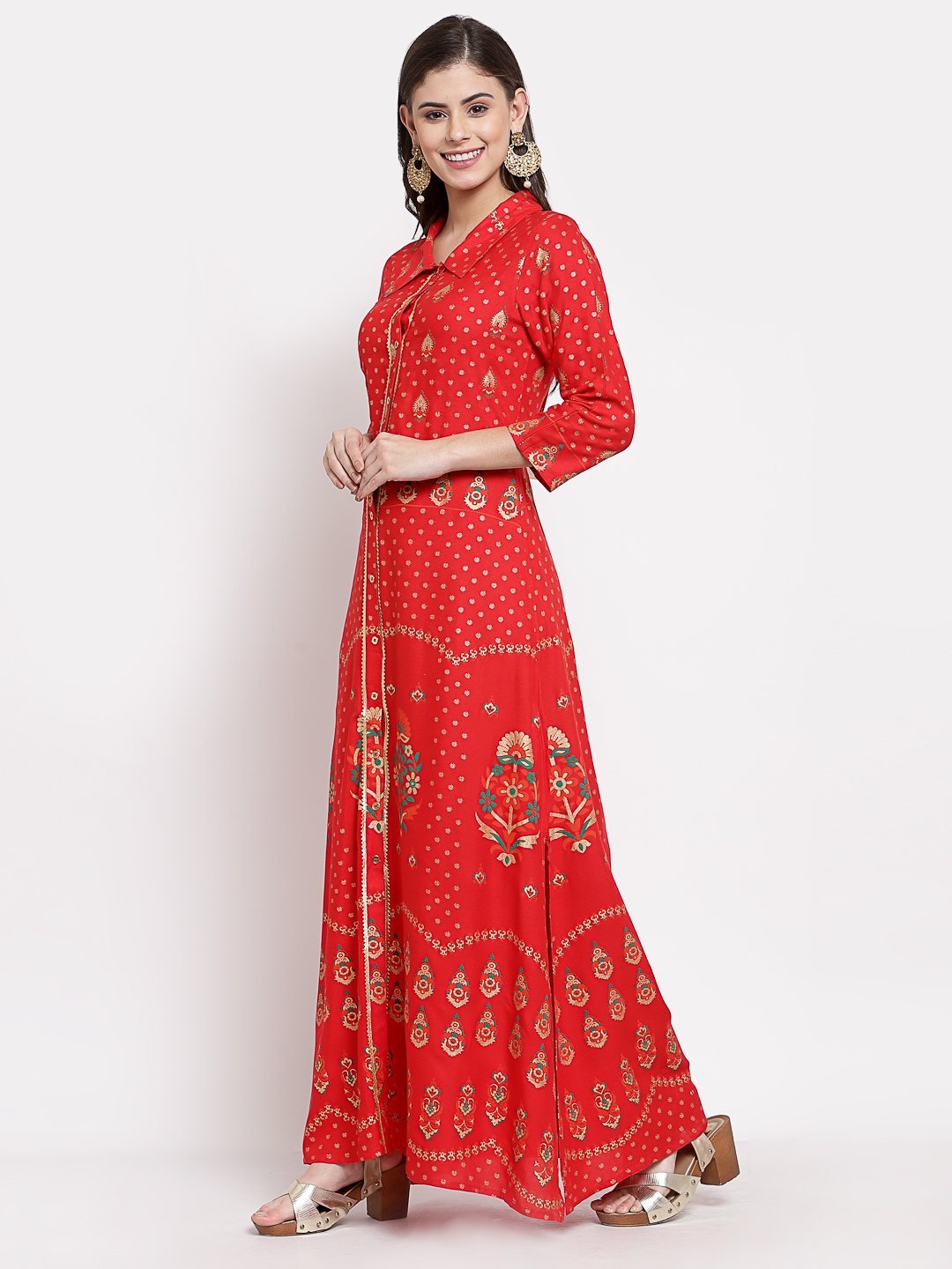 Women's Red Cotton Printed 3/4 Sleeve Collar Neck Casual Anarkali Kurta