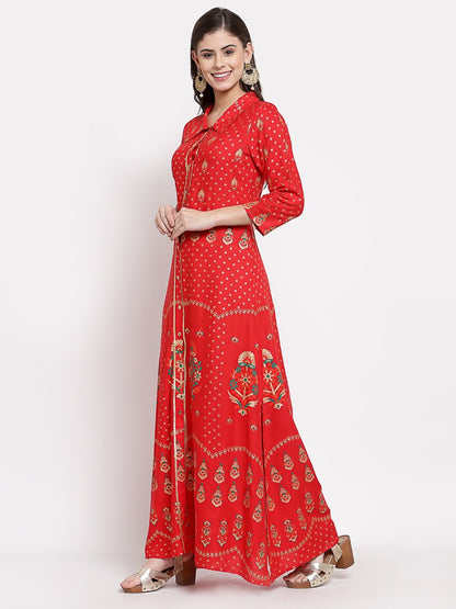 Women's Red Cotton Printed 3/4 Sleeve Collar Neck Casual Anarkali Kurta