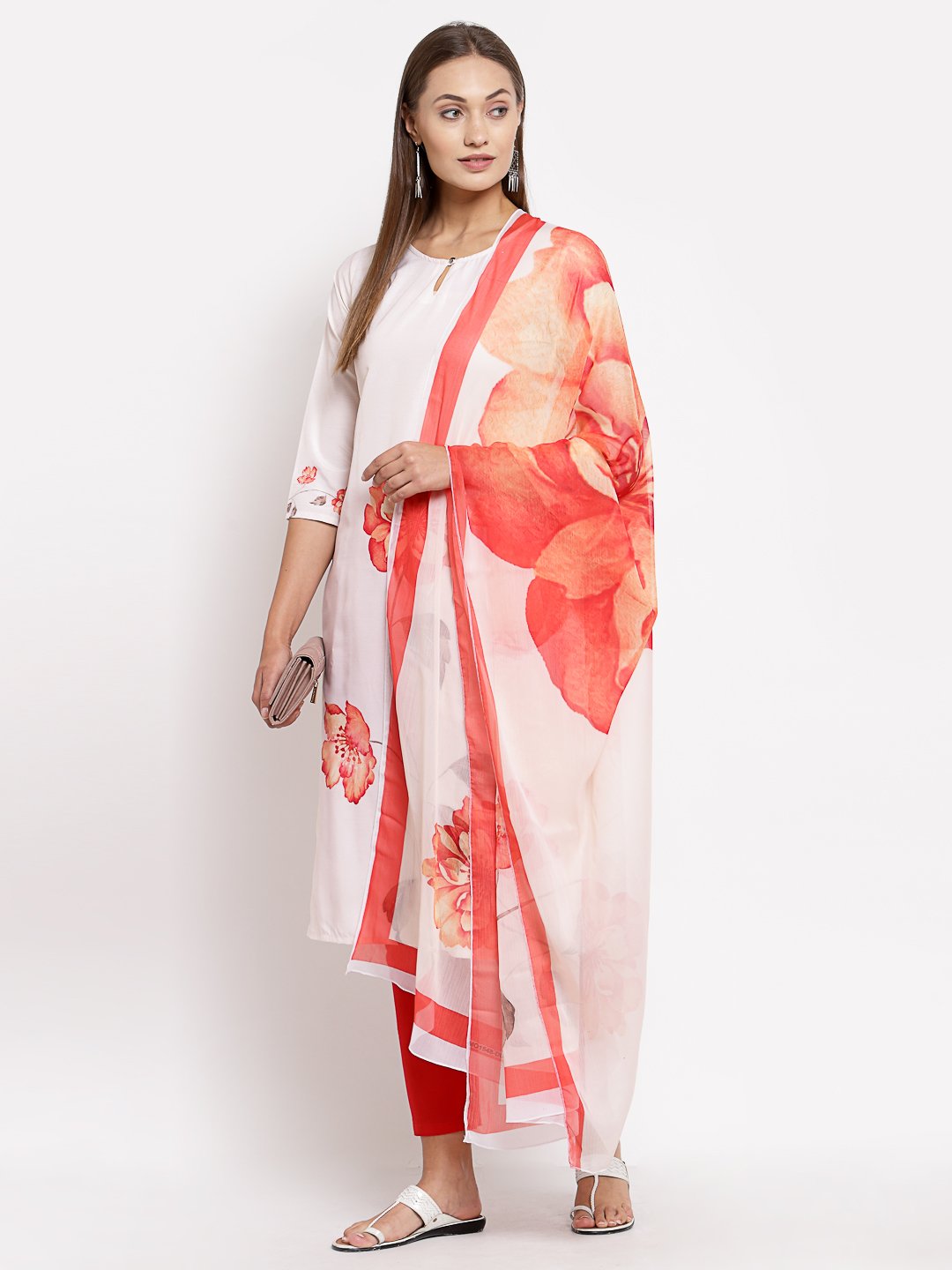 Women's White Printed Cotton Printed 3/4 Sleeve Round Neck Casual Kurta Pant Dupatta Set
