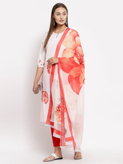 Women's White Printed Cotton Printed 3/4 Sleeve Round Neck Casual Kurta Pant Dupatta Set