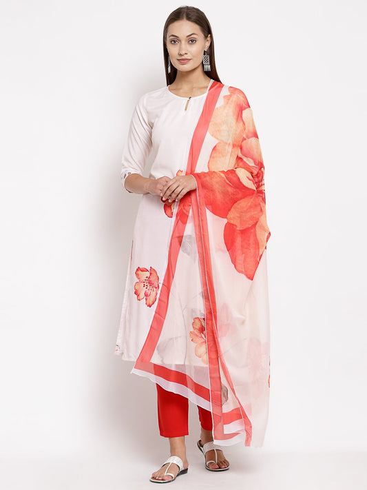Women's White Printed Cotton Printed 3/4 Sleeve Round Neck Casual Kurta Pant Dupatta Set