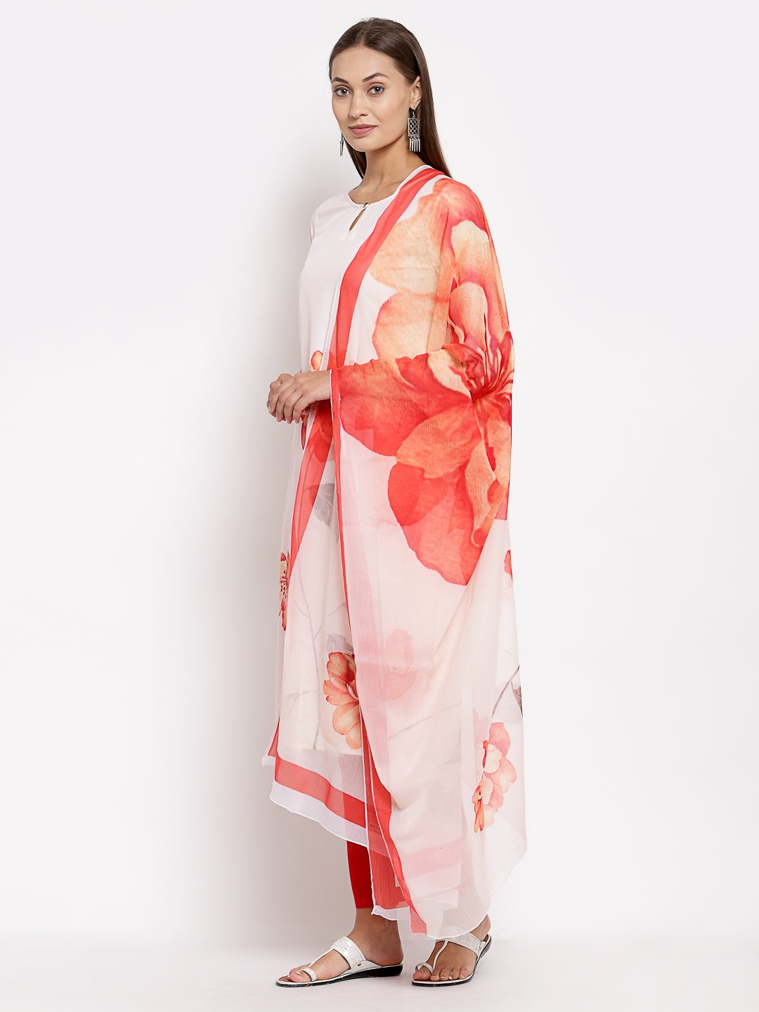 Women's White Printed Cotton Printed 3/4 Sleeve Round Neck Casual Kurta Pant Dupatta Set