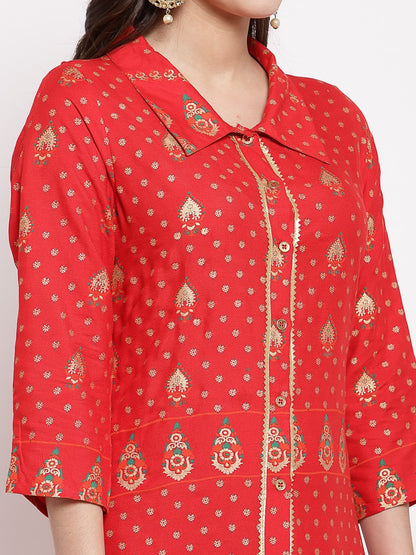 Women's Red Cotton Printed 3/4 Sleeve Collar Neck Casual Anarkali Kurta