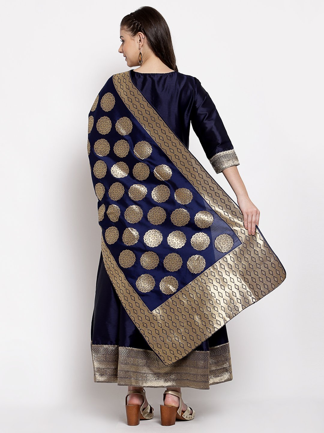 Women's Multi Silk Solid 3/4 Sleeve V Neck Casual Anarkali Gown