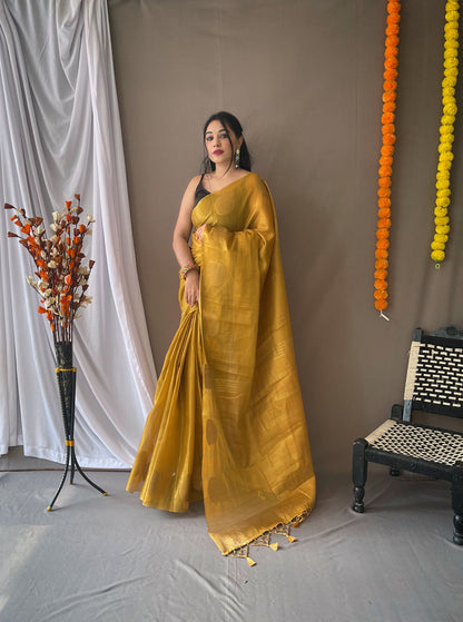 Women's Yellow Gold Gulabo Banarasi Tissue Silk Zari Woven Saree