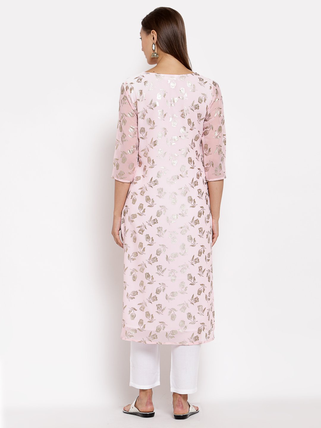 Women Pink Georgette Printed Kurta by Myshka (