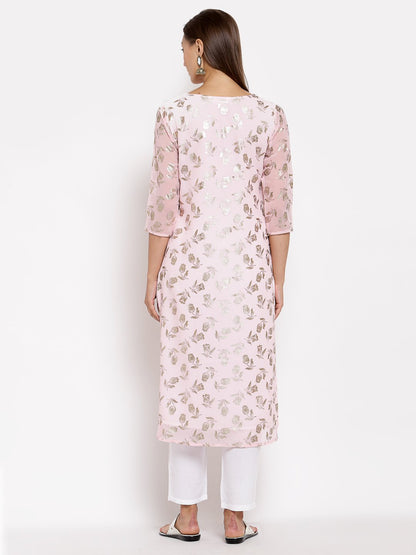 Women Pink Georgette Printed Kurta by Myshka (