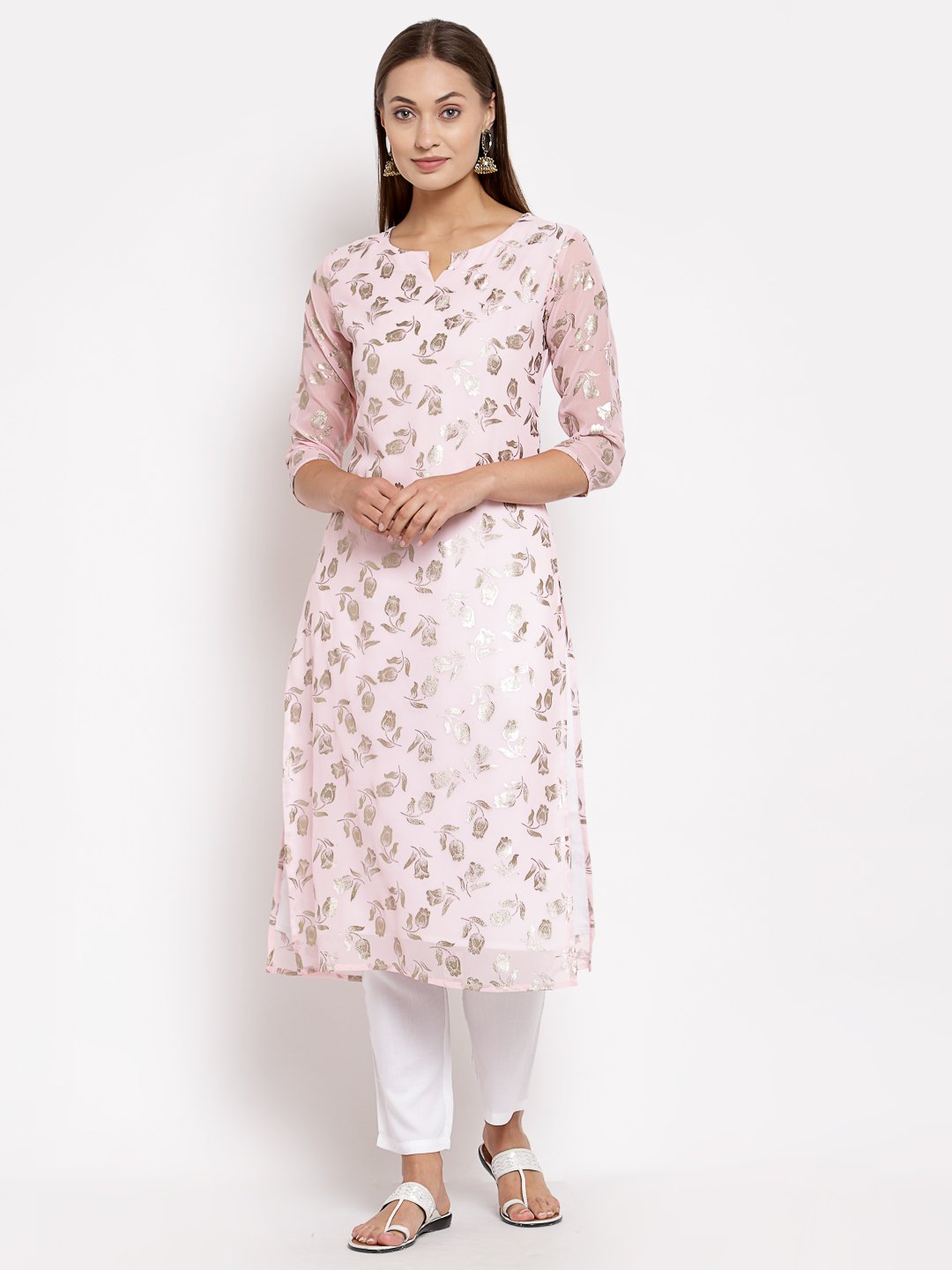 Women Pink Georgette Printed Kurta by Myshka (