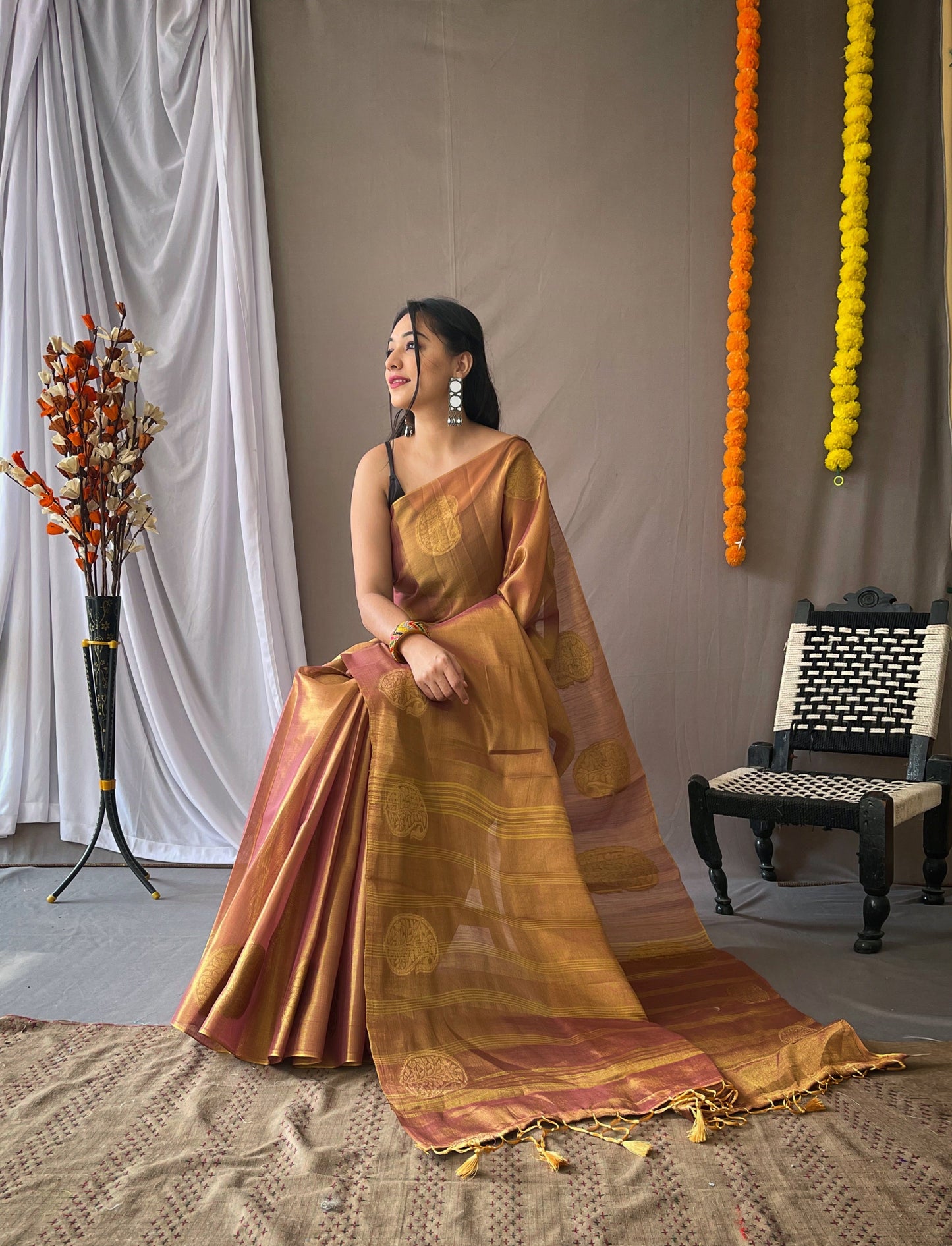 Women's Copper Brown Gulabo Banarasi Tissue Silk Zari Woven Saree