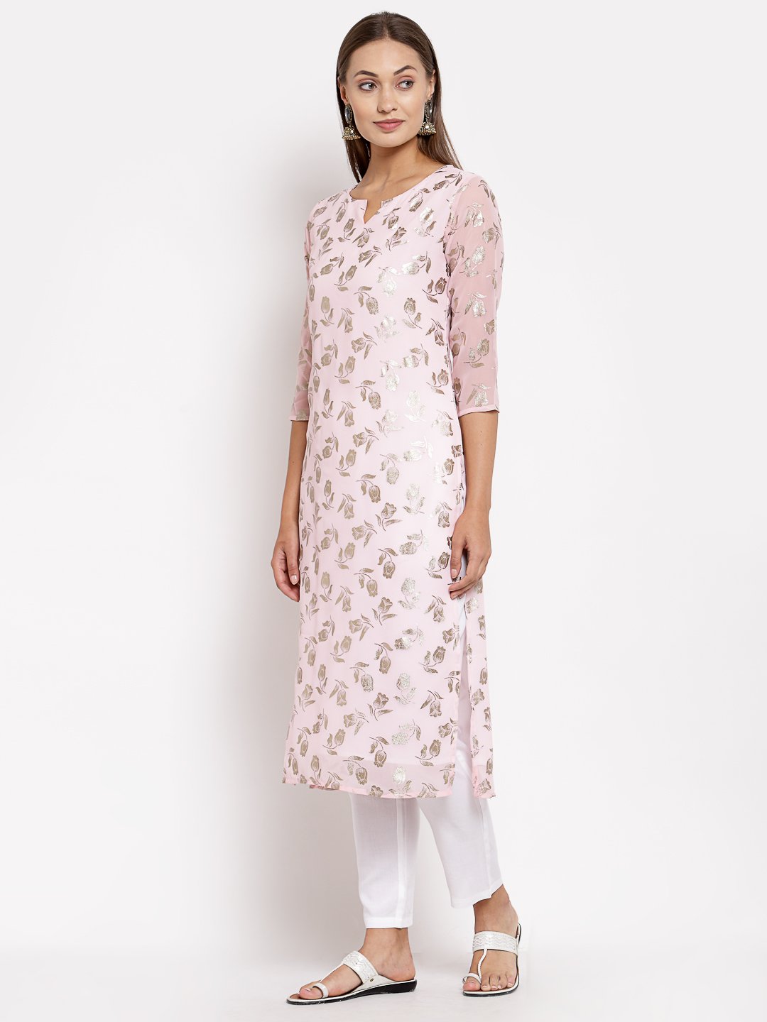 Women Pink Georgette Printed Kurta by Myshka (