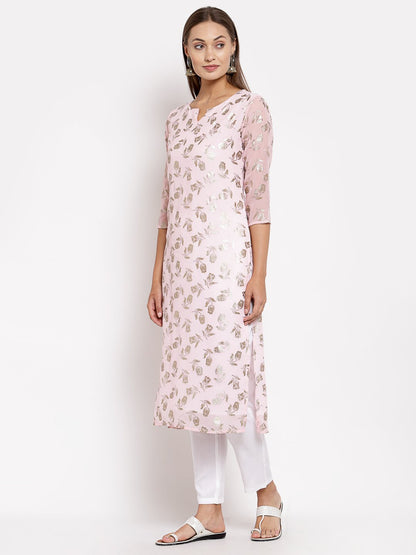 Women Pink Georgette Printed Kurta by Myshka (