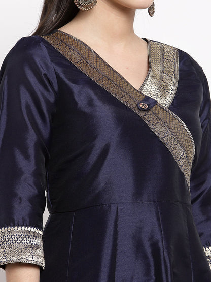 Women's Multi Silk Solid 3/4 Sleeve V Neck Casual Anarkali Gown
