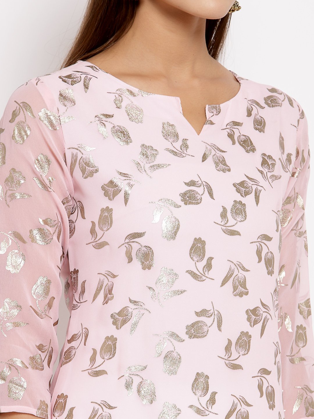 Women Pink Georgette Printed Kurta by Myshka (