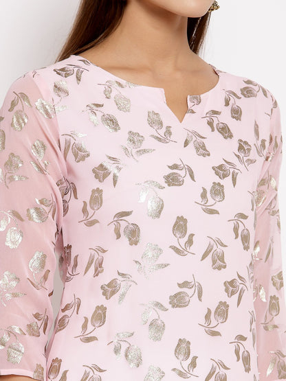 Women Pink Georgette Printed Kurta by Myshka (
