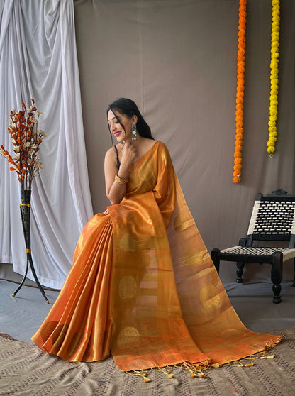 Women's Rust Orange Gulabo Banarasi Tissue Silk Zari Woven Saree