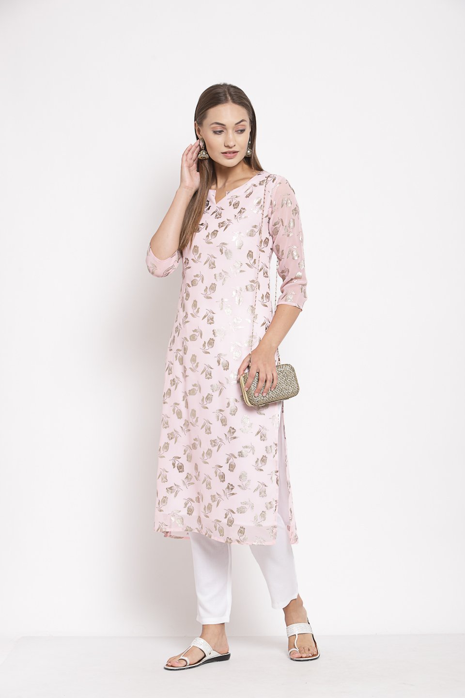 Women Pink Georgette Printed Kurta by Myshka (
