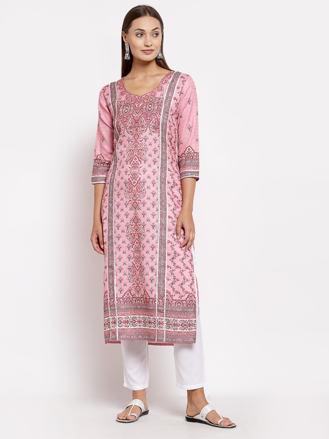 Women Pink Pashmeena Printed Kurta by Myshka (