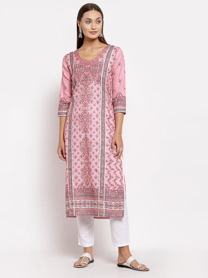 Women Pink Pashmeena Printed Kurta by Myshka (