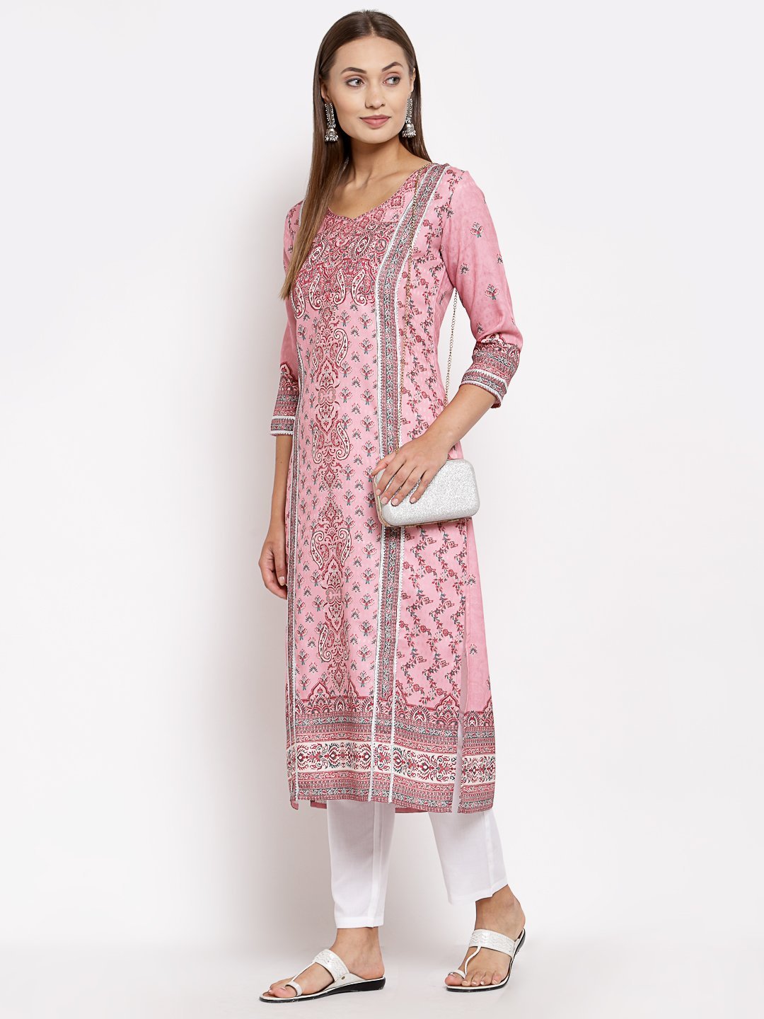 Women Pink Pashmeena Printed Kurta by Myshka (