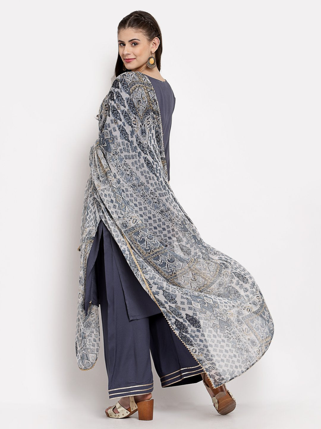 Women's Grey Cotton Solid 3/4 Sleeve V Neck Casual Kurta Palazzo Dupatta Set