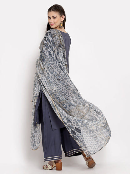 Women's Grey Cotton Solid 3/4 Sleeve V Neck Casual Kurta Palazzo Dupatta Set