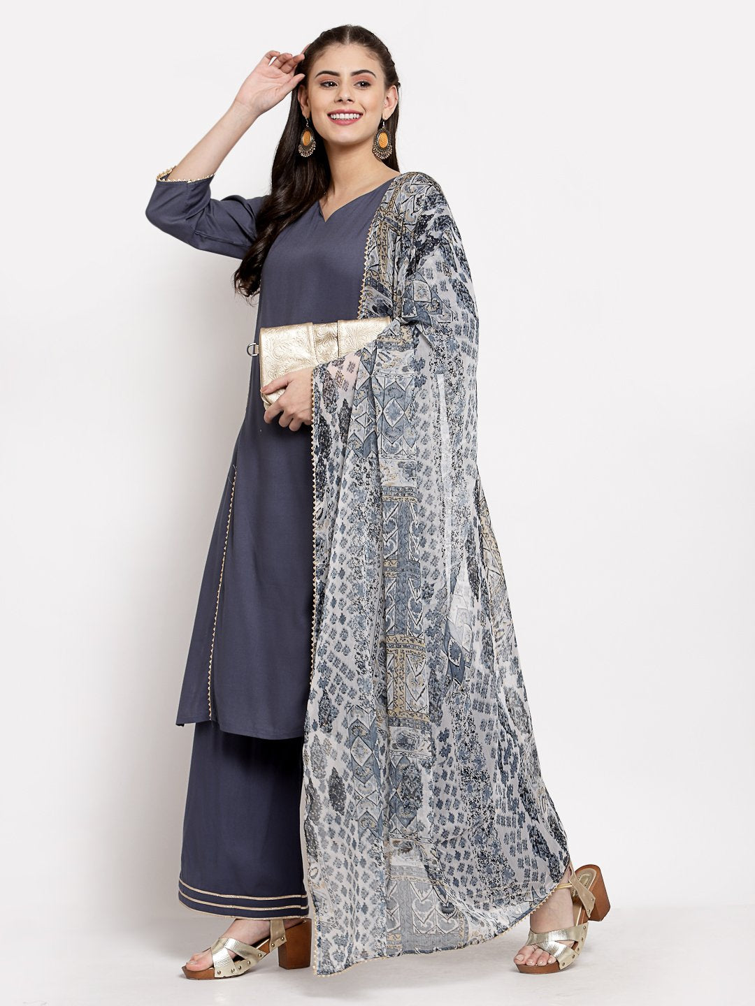 Women's Grey Cotton Solid 3/4 Sleeve V Neck Casual Kurta Palazzo Dupatta Set