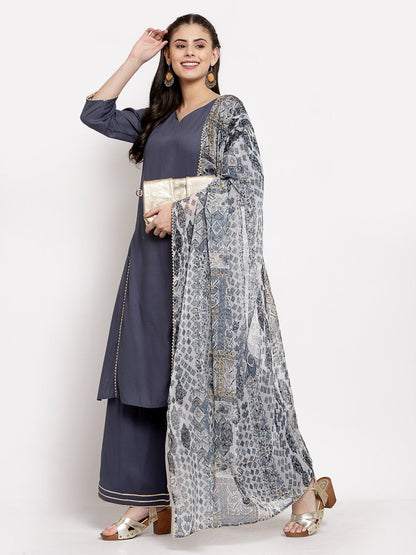 Women's Grey Cotton Solid 3/4 Sleeve V Neck Casual Kurta Palazzo Dupatta Set