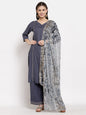Women's Grey Cotton Solid 3/4 Sleeve V Neck Casual Kurta Palazzo Dupatta Set