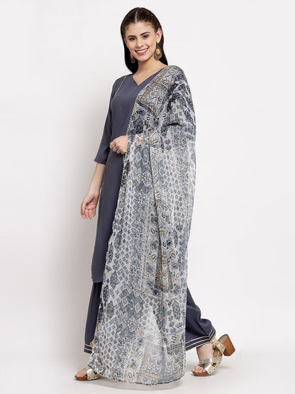 Women's Grey Cotton Solid 3/4 Sleeve V Neck Casual Kurta Palazzo Dupatta Set