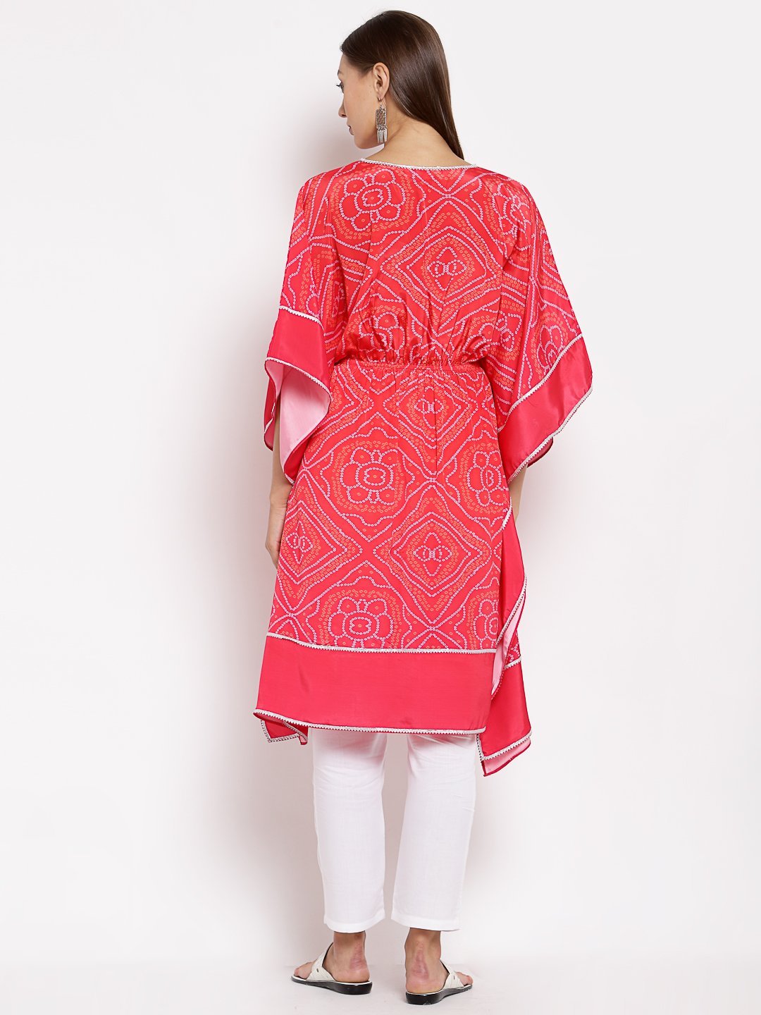 Women's Pink Cotton Printed 3/4 Sleeve V Neck Casual Kaftan