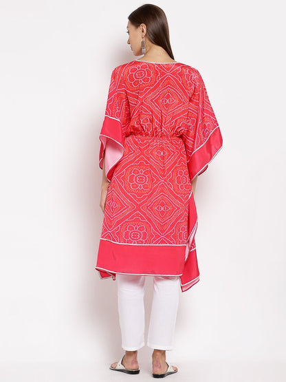 Women's Pink Cotton Printed 3/4 Sleeve V Neck Casual Kaftan