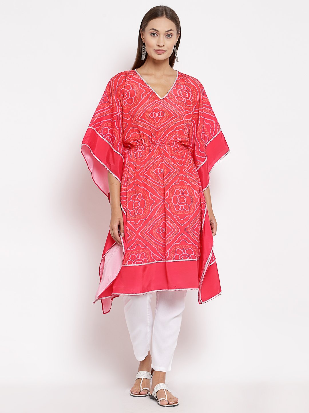 Women's Pink Cotton Printed 3/4 Sleeve V Neck Casual Kaftan
