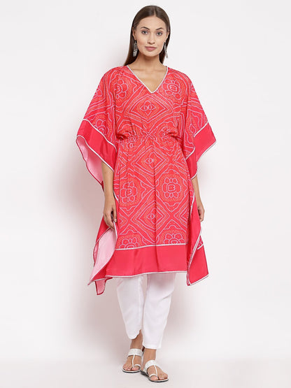 Women's Pink Cotton Printed 3/4 Sleeve V Neck Casual Kaftan