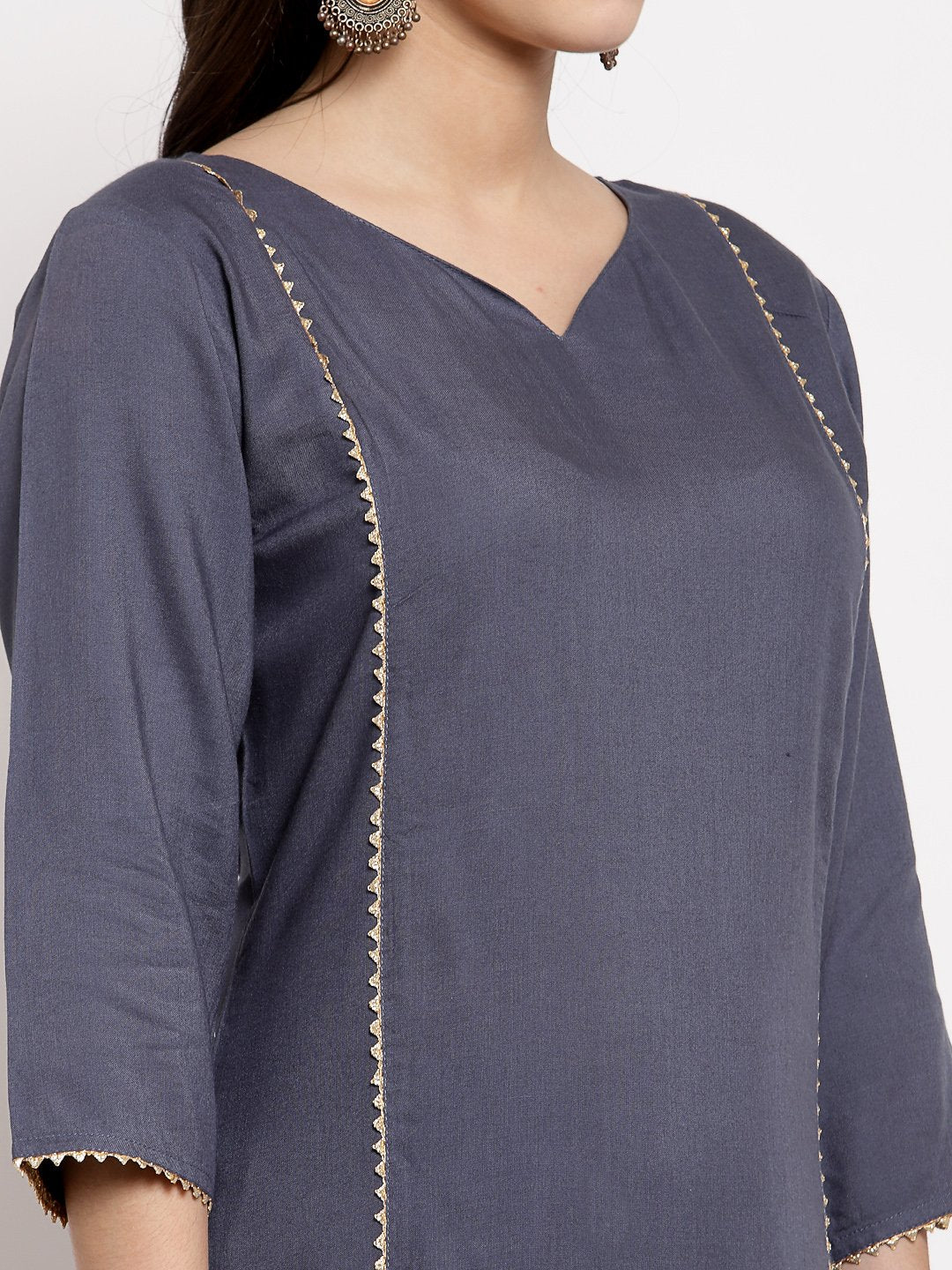 Women's Grey Cotton Solid 3/4 Sleeve V Neck Casual Kurta Palazzo Dupatta Set