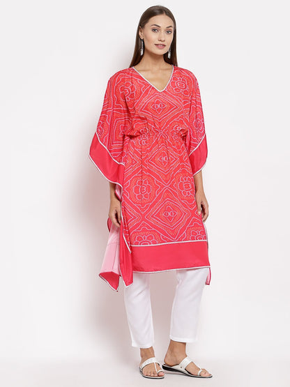 Women's Pink Cotton Printed 3/4 Sleeve V Neck Casual Kaftan