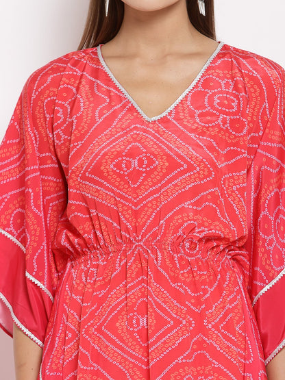 Women's Pink Cotton Printed 3/4 Sleeve V Neck Casual Kaftan