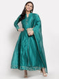Women's Green Silk Solid Full Sleeve Mandarin Neck Casual Anarkali Gown