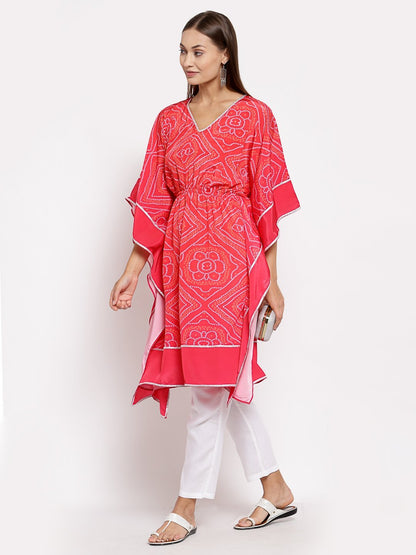 Women's Pink Cotton Printed 3/4 Sleeve V Neck Casual Kaftan