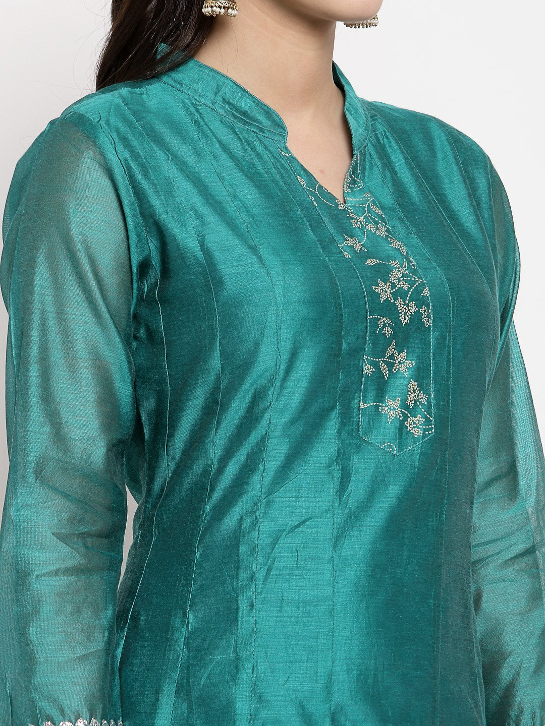Women's Green Silk Solid Full Sleeve Mandarin Neck Casual Anarkali Gown