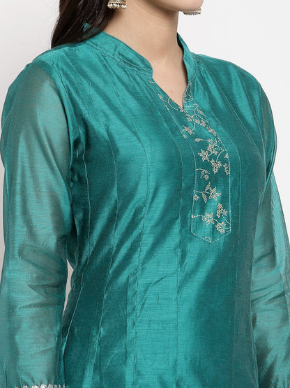Women's Green Silk Solid Full Sleeve Mandarin Neck Casual Anarkali Gown