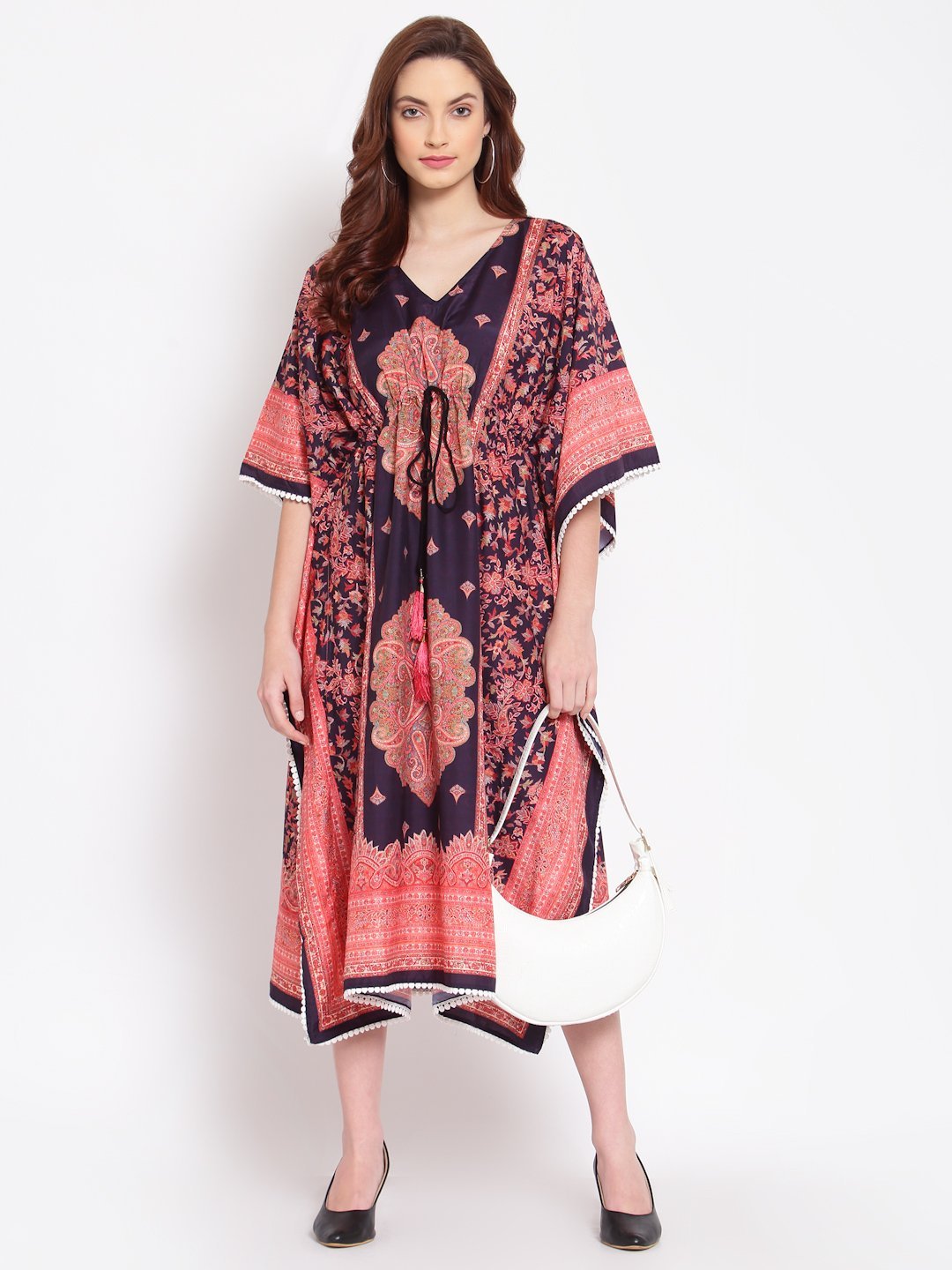 Women's Multi Printed Cotton 3/4 Sleeve V Neck Casual Kaftan Dress
