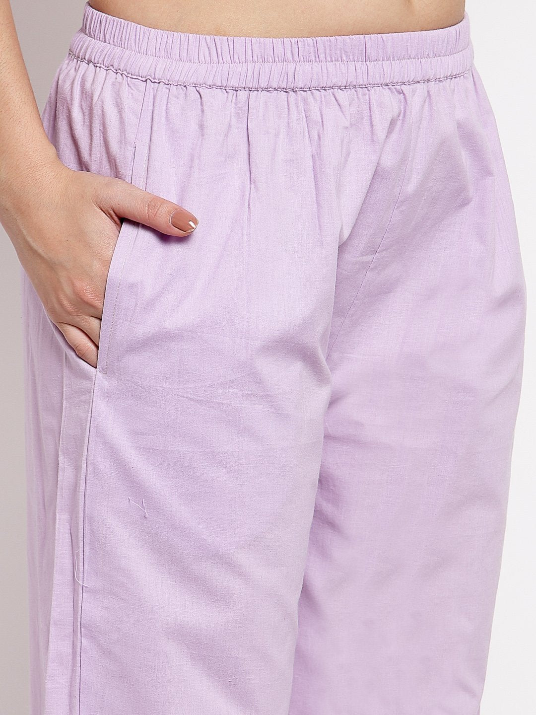 Women's Light Purple Cotton Solid 3/4 Sleeve Round Neck Casual Kurta Pant Dupatta Set