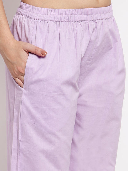 Women's Light Purple Cotton Solid 3/4 Sleeve Round Neck Casual Kurta Pant Dupatta Set