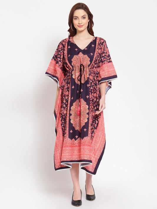 Women's Multi Printed Cotton 3/4 Sleeve V Neck Casual Kaftan Dress