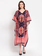 Women's Multi Printed Cotton 3/4 Sleeve V Neck Casual Kaftan Dress